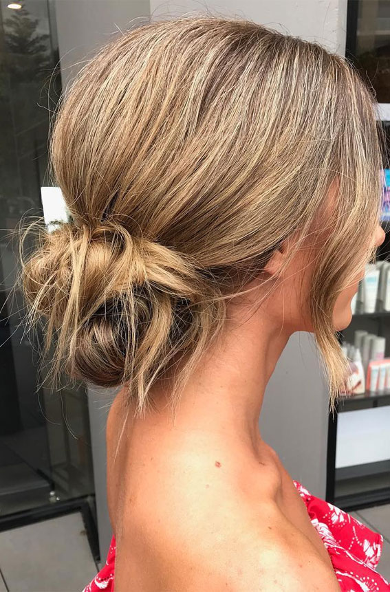 50+ Cute Hairstyles For Any Occasion : Caramel Brown Messy Low Bun