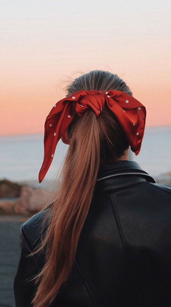 50+ Cute Hairstyles For Any Occasion : Ponytail with Red Scarf