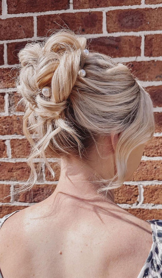 50+ Cute Hairstyles For Any Occasion : Messy Updo with Pearls