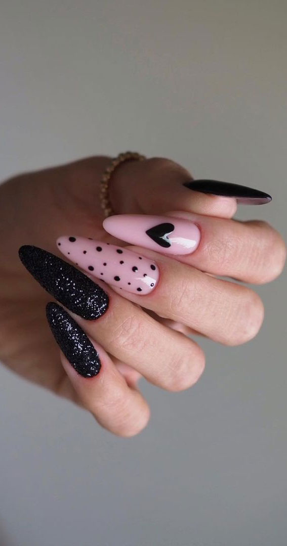 59 Cutest Valentine’s Day Nails To Wear Right Now : Reflective Glitter Black and Pink Nails
