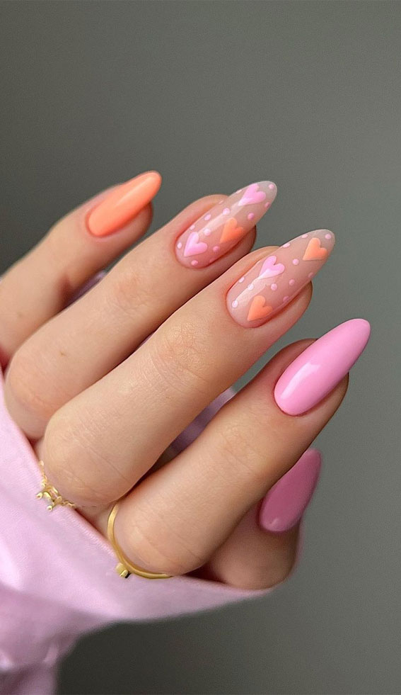 59 Cutest Valentine’s Day Nails To Wear Right Now : Peach & Pink Hearts