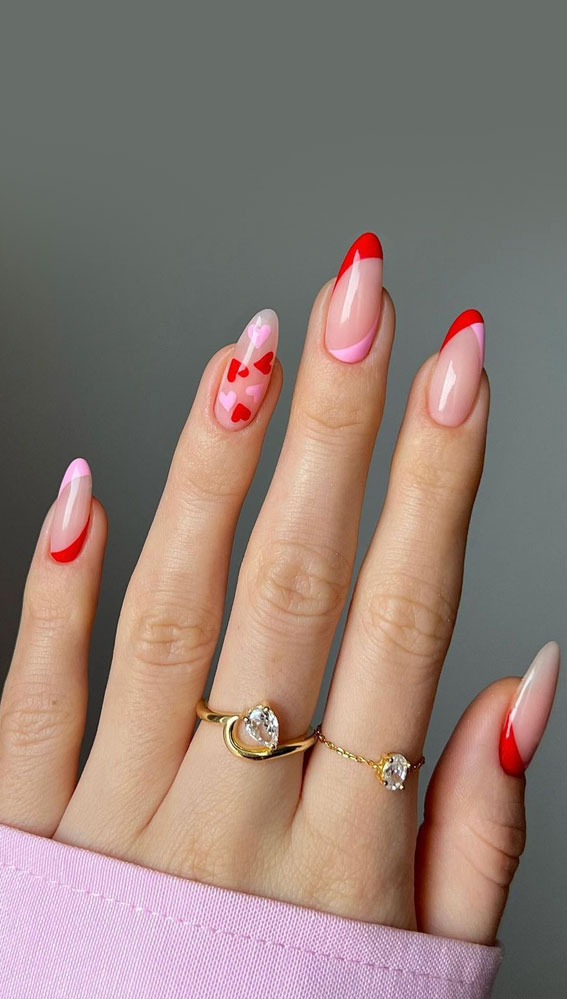 59 Cutest Valentine’s Day Nails To Wear Right Now : Pink and Red Hearts