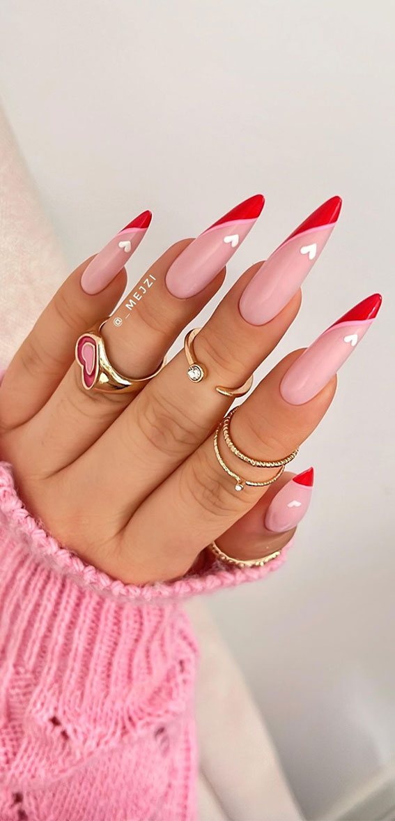 52 Valentine’s Day Nail Art Designs & Ideas 2023 : Red Side French Tips + Tiny Heart