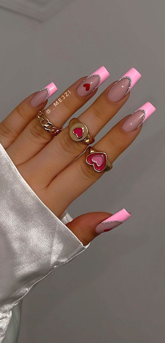 52 Valentine’s Day Nail Art Designs & Ideas 2023 : Double Pink French Tips + Red Heart