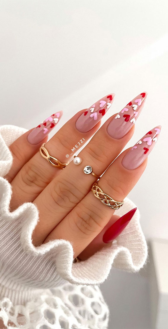 52 Valentine’s Day Nail Art Designs & Ideas 2023 : Small Pink & Red Heart Tips