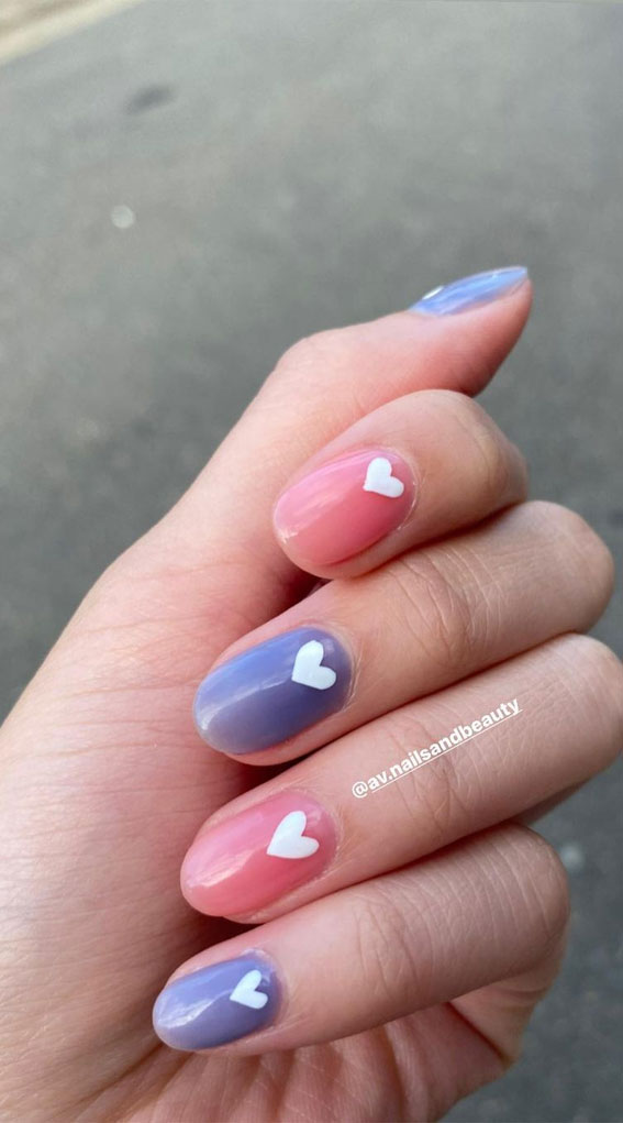 52 Valentine’s Day Nail Art Designs & Ideas 2023 : Blue & Pink Nails with White Heart