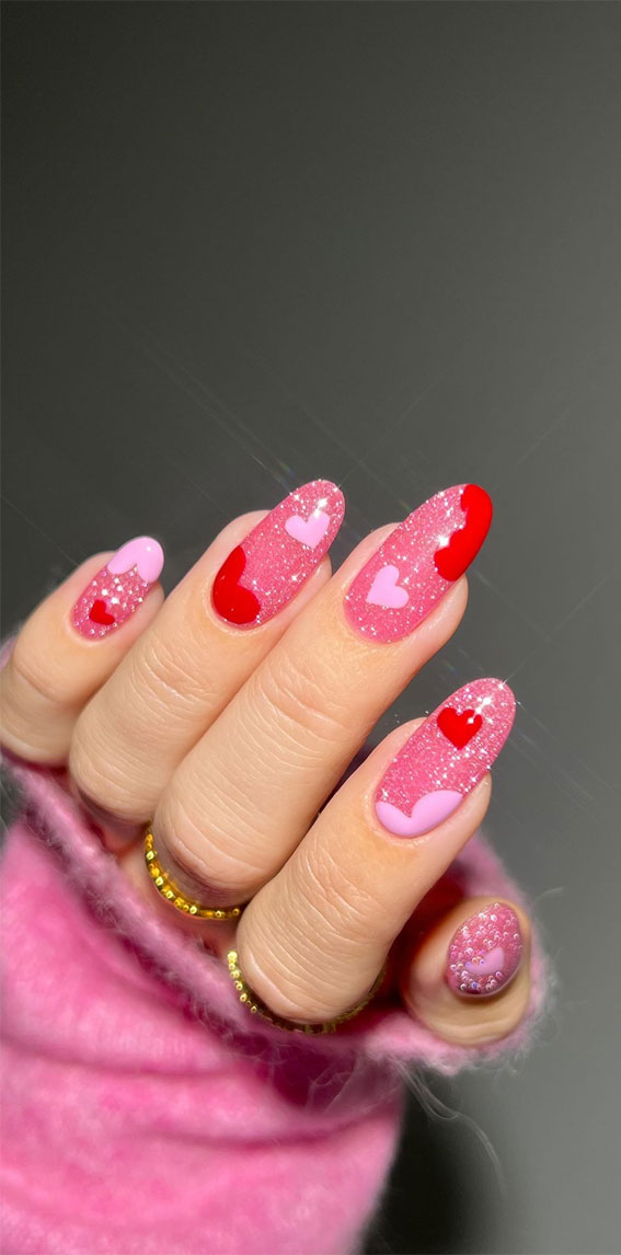52 Valentine’s Day Nail Art Designs & Ideas 2023 : Pink Glitter with Red & White Hearts