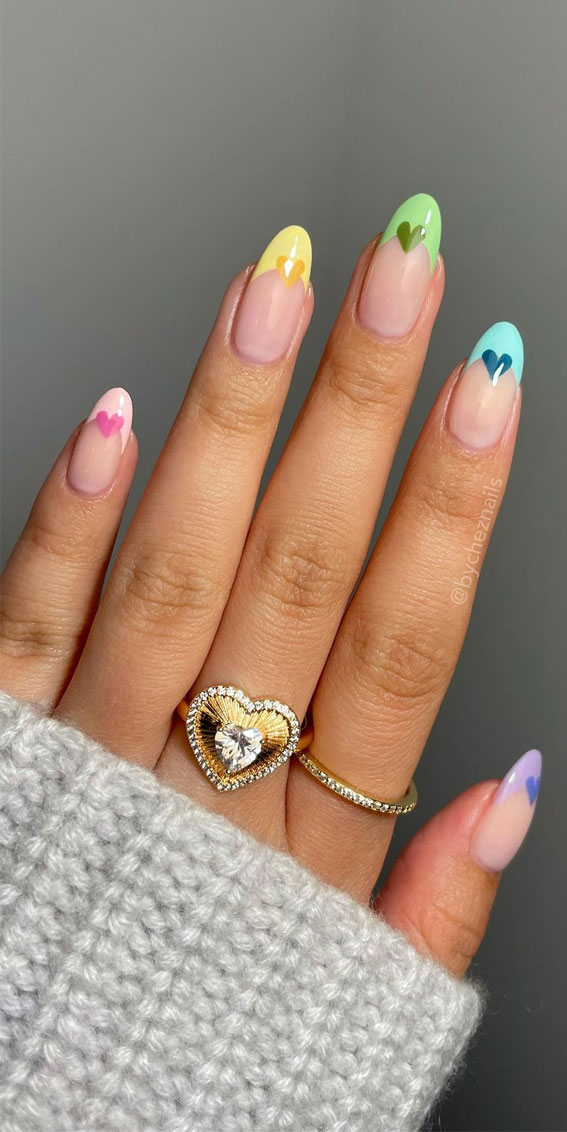 52 Valentine’s Day Nail Art Designs & Ideas 2023 : Pastel French Tips with Hearts