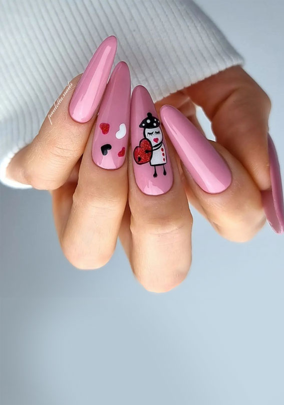 52 Valentine’s Day Nail Art Designs & Ideas 2023 : Cartoon Valentine’s Pink Nails