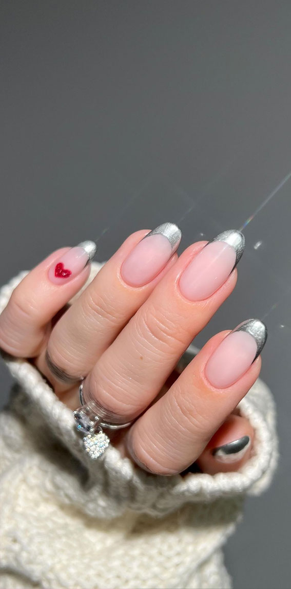 59 Cutest Valentine’s Day Nails To Wear Right Now : Silver Chrome French Tips