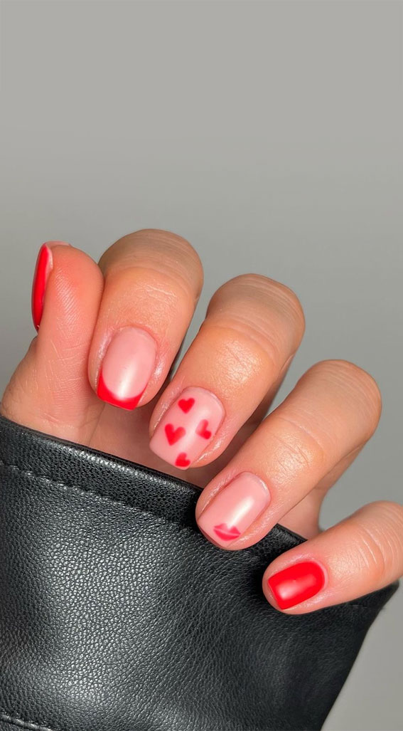 52 Valentine’s Day Nail Art Designs & Ideas 2023 : Red Hearts & Kiss + French Nails