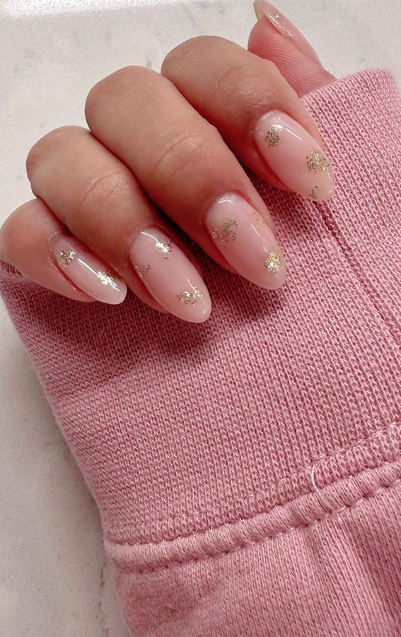 52 Valentine’s Day Nail Art Designs & Ideas 2023 : Gold Speckled Sheer Nails