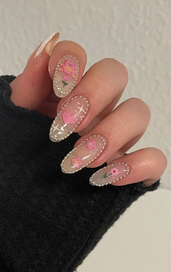 52 Valentine’s Day Nail Art Designs & Ideas 2023 : Dotty Outline Nails with Flower + Pink Heart