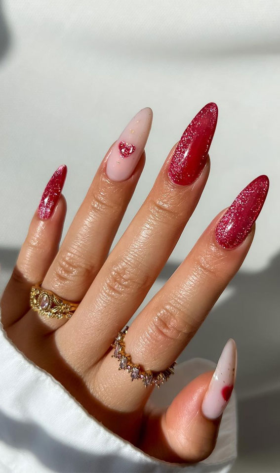 52 Valentine’s Day Nail Art Designs & Ideas 2023 : Red Glitter Nails with Red Heart