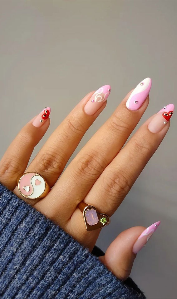 52 Valentine’s Day Nail Art Designs & Ideas 2023 : Red Heart + Pink Flame