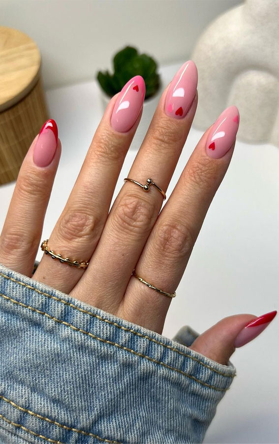 52 Valentine’s Day Nail Art Designs & Ideas 2023 : Pink Nails with Small Red Hearts