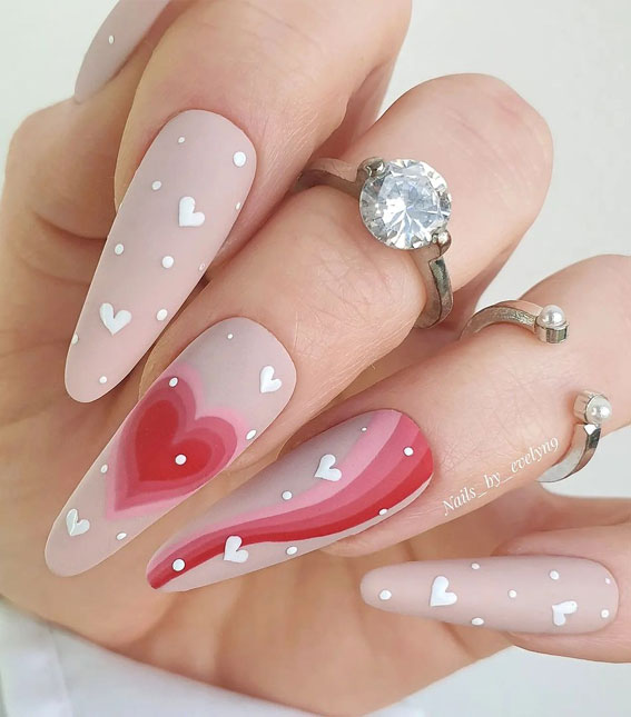 52 Valentine’s Day Nail Art Designs & Ideas 2023 : Nude Matte Nails with Hearts
