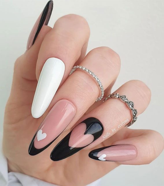 52 Valentine’s Day Nail Art Designs & Ideas 2023 : Cut Out Heart Black & White Nails
