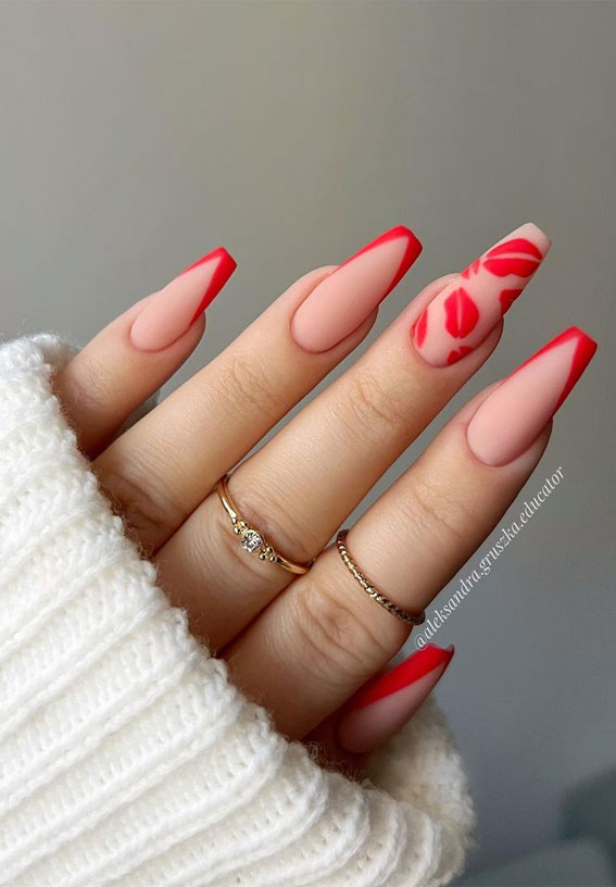 52 Valentine’s Day Nail Art Designs & Ideas 2023 : Nude Matte Nails with Red Kisses