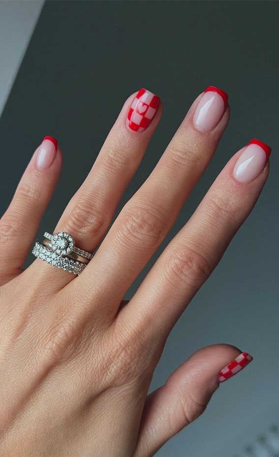 52 Valentine’s Day Nail Art Designs & Ideas 2023 : Red Checkered Board with Heart