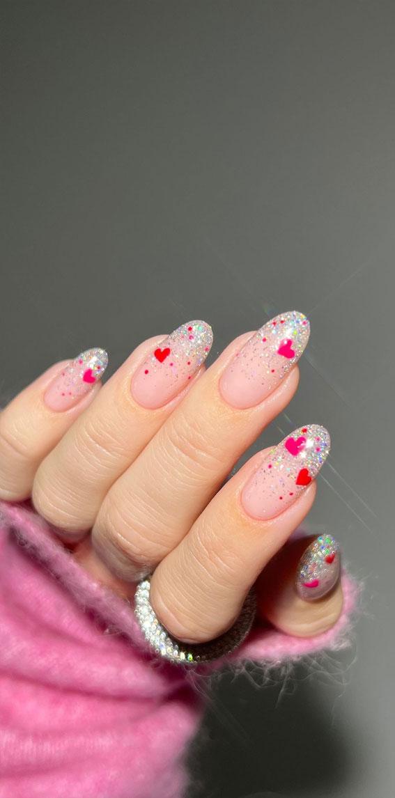 52 Valentine’s Day Nail Art Designs & Ideas 2023 : Glitter Tips with Pink Hearts