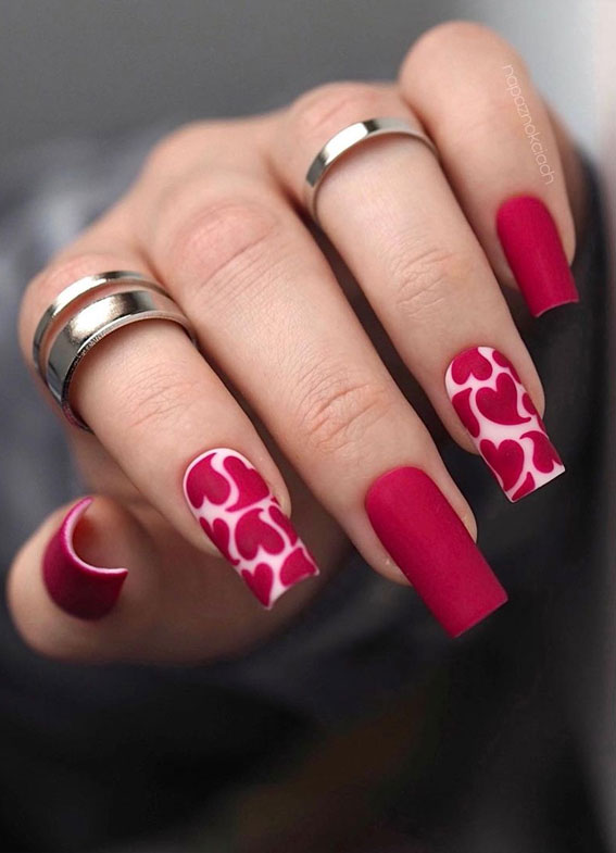 59 Cutest Valentine’s Day Nails To Wear Right Now : Matte Dark Red Heart Nails
