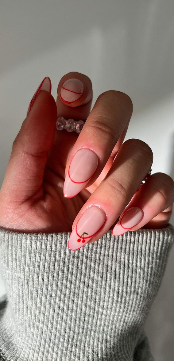59 Cutest Valentine’s Day Nails To Wear Right Now : Double French + Cherry