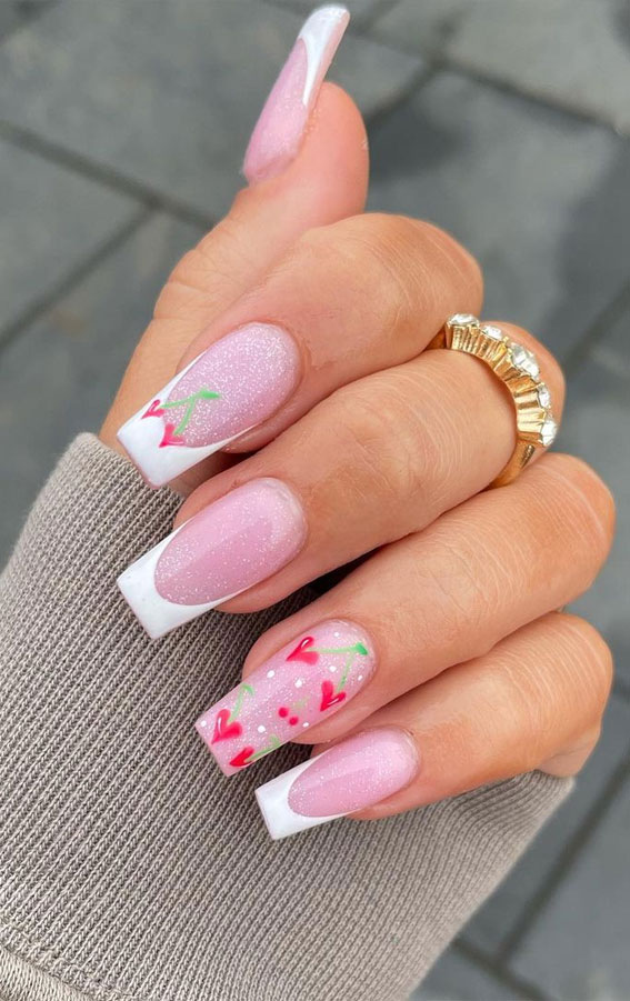 59 Cutest Valentine’s Day Nails To Wear Right Now : French Nails with Cherry Hearts