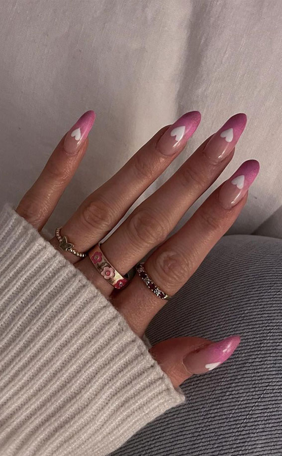 59 Cutest Valentine’s Day Nails To Wear Right Now : White Heart + Shimmery Ombre Pink