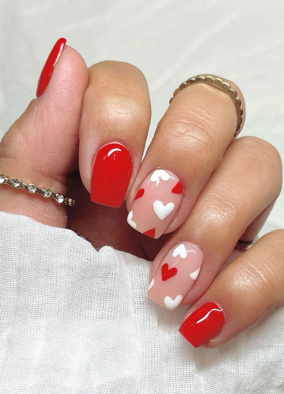59 Cutest Valentine’s Day Nails To Wear Right Now : White & Red Heart Short Nails