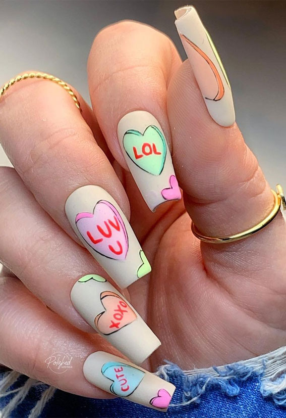 59 Cutest Valentine’s Day Nails To Wear Right Now : Candy Heart Nails