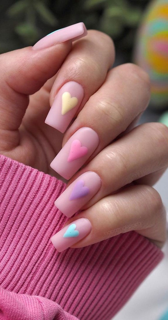 59 Cutest Valentine’s Day Nails To Wear Right Now : Pastel Heart Matte Nails