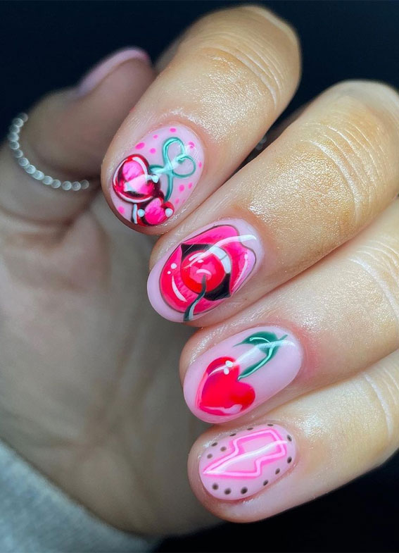 59 Cutest Valentine’s Day Nails To Wear Right Now : Cherry Heart Nails