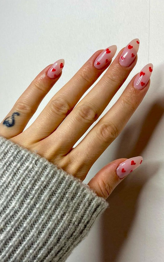 59 Cutest Valentine’s Day Nails To Wear Right Now : Small Red Heart Sheer Nails