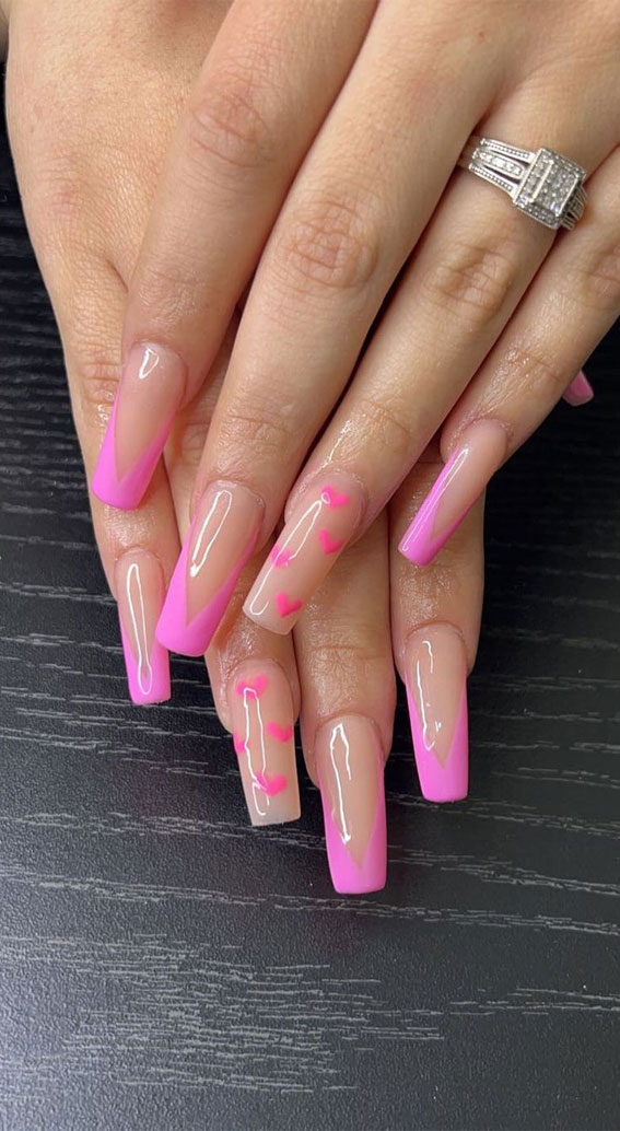 59 Cutest Valentine’s Day Nails To Wear Right Now : Pink V-French & Heart Acrylic Nails