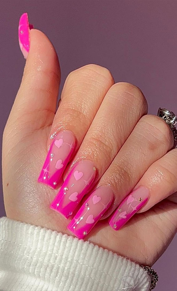 59 Cutest Valentine’s Day Nails To Wear Right Now : Bright Pink V-French + Hearts