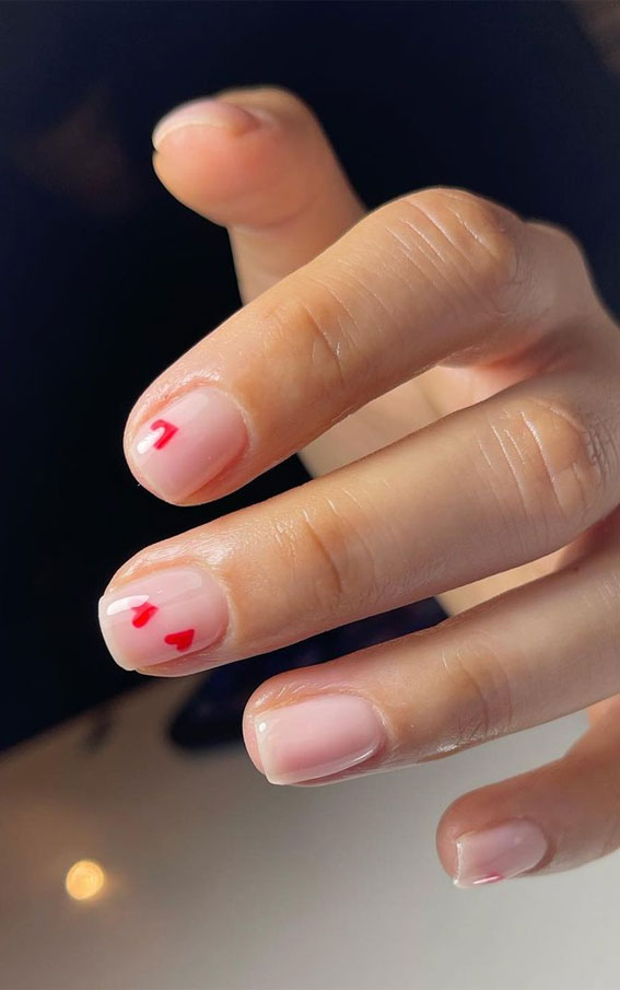 59 Cutest Valentine’s Day Nails To Wear Right Now : Gel Nails with Red Hearts