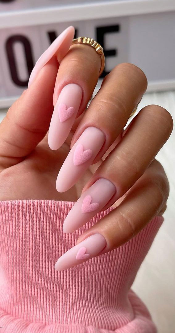 59 Cutest Valentine’s Day Nails To Wear Right Now : Romantic Pink Heart Matte Nails