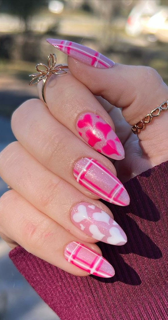 59 Cutest Valentine’s Day Nails To Wear Right Now : Pink & White Hearts + Plaid