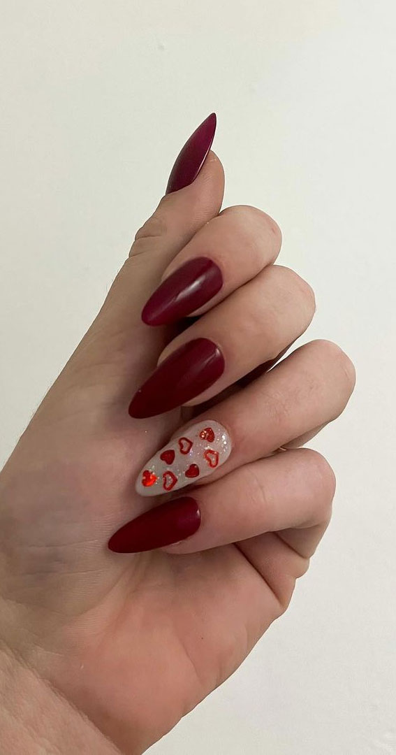 59 Cutest Valentine’s Day Nails To Wear Right Now : Deep Red Heart Nails