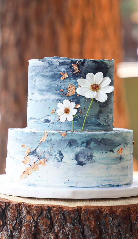 Top 50 Wedding Cake Trends 2023 : Watercolor blue and rose gold