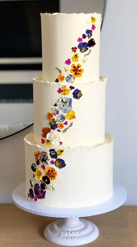 Top 50 Wedding Cake Trends 2023 : Cascading Pressed Flower Three-Tiered Cake