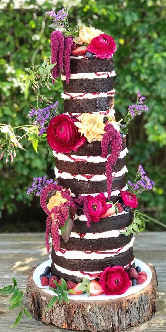 Top 50 Wedding Cake Trends 2023 : Fruity Naked Cake with Vivid Flowers