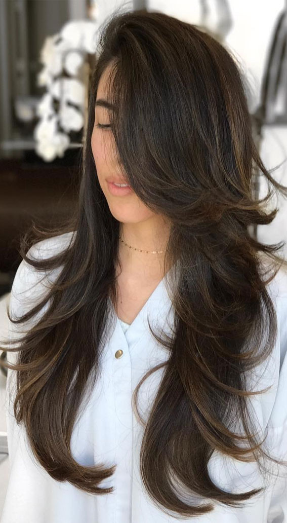 50+ New Haircut Ideas For Women To Try In 2023 : Brunette Side Part Layered  Bangs
