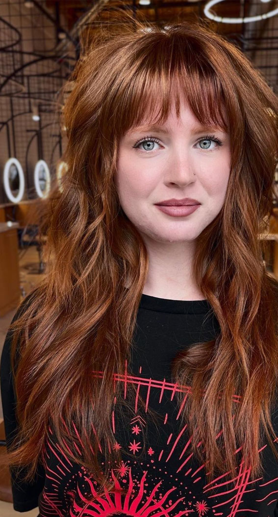 50+ New Haircut Ideas For Women To Try In 2023 : Copper Long Shag + Bangs
