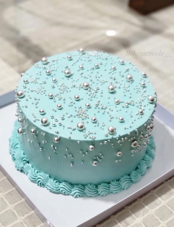 40+ Cute Simple Birthday Cake Ideas : Blue Cake Decorated with Silver Balls