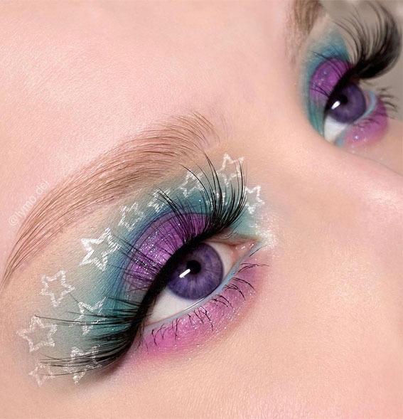 50+Makeup Looks To Make You Shine in 2023 : Green & Purple + Stars