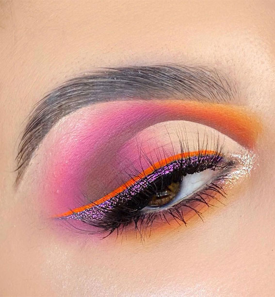 50+Makeup Looks To Make You Shine in 2023 : Pink + Glitter Purple + Orange