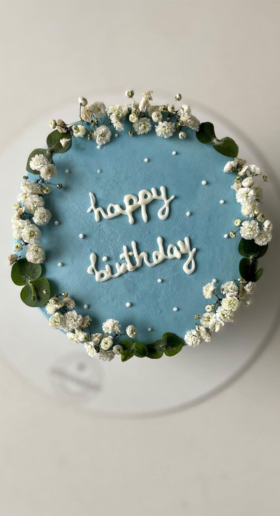40+ Cute Simple Birthday Cake Ideas : Round Blue Cake Topped with Flowers