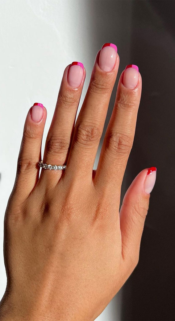 40 Awesome Spring Nail Ideas 2023 : Half Pink Half Red French Tips